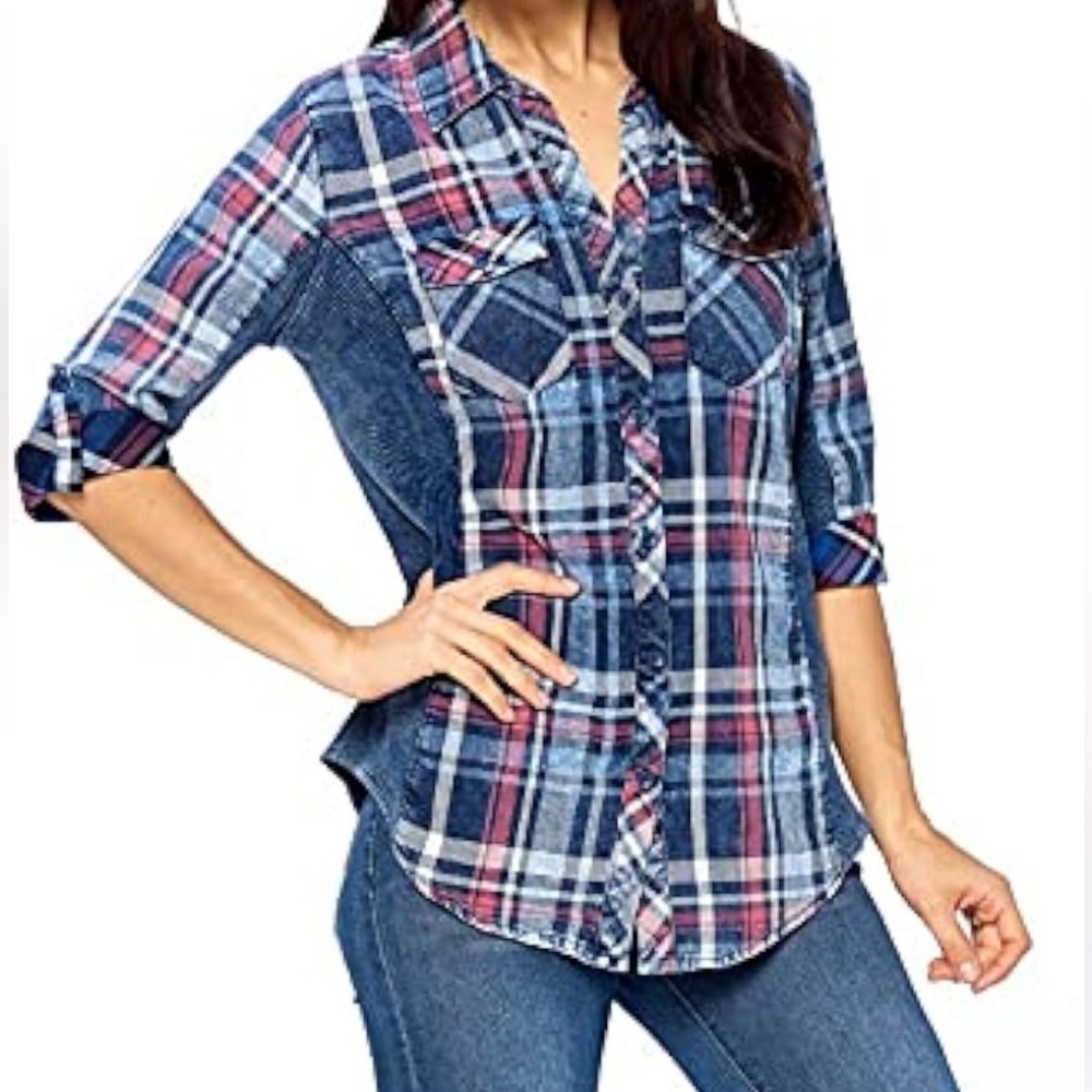 CiSono Plaid Shirt W/Ribbed Contrast